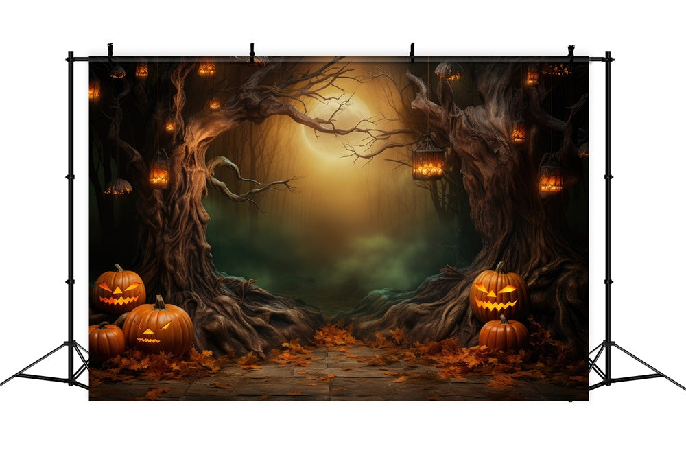 Dark Forest Moon Halloween Pumpkins Backdrop UK RR7-419