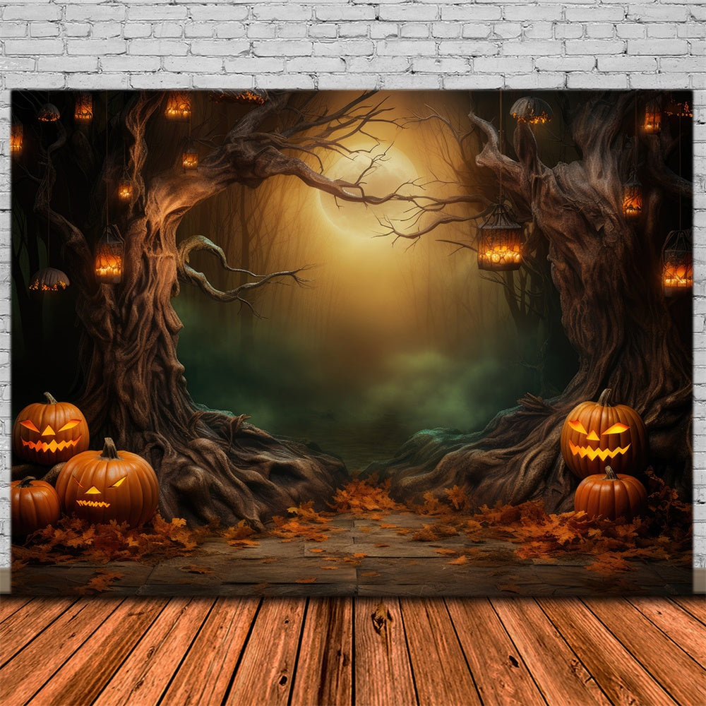 Dark Forest Moon Halloween Pumpkins Backdrop UK RR7-419