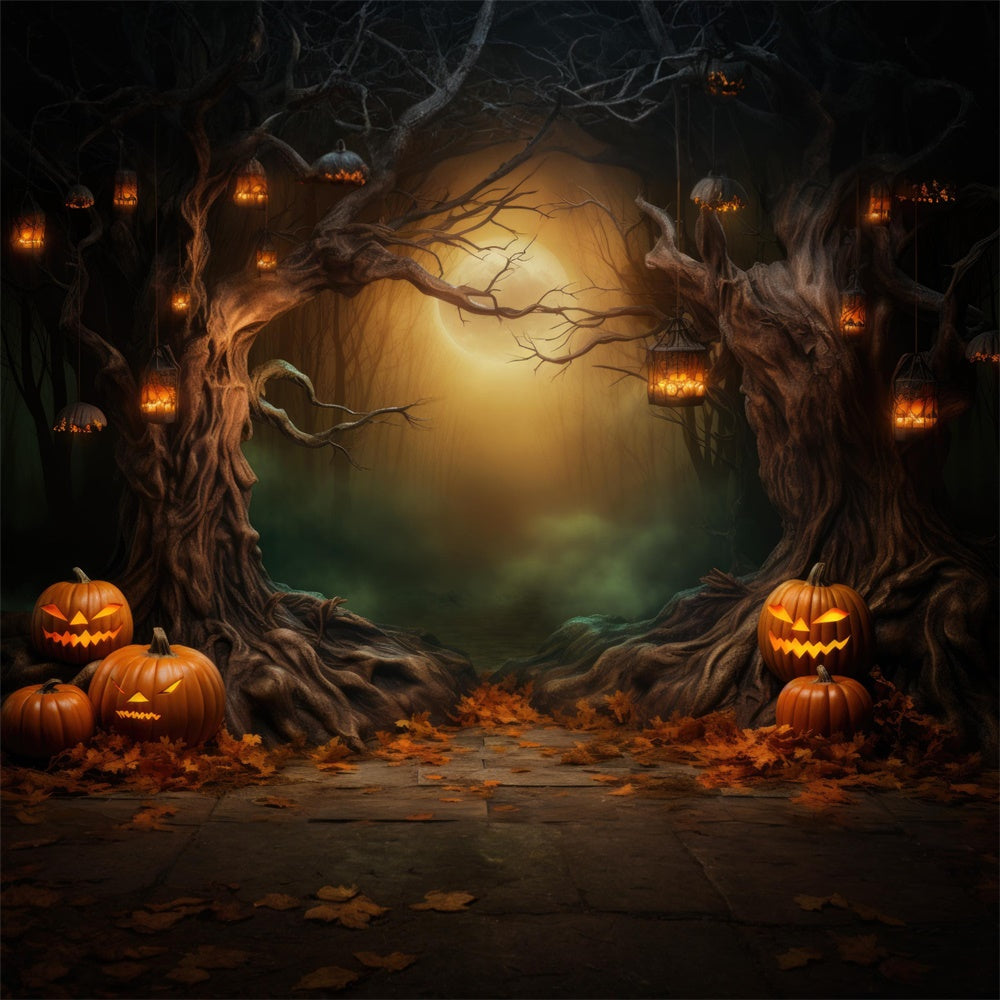 Dark Forest Moon Halloween Pumpkins Backdrop UK RR7-419