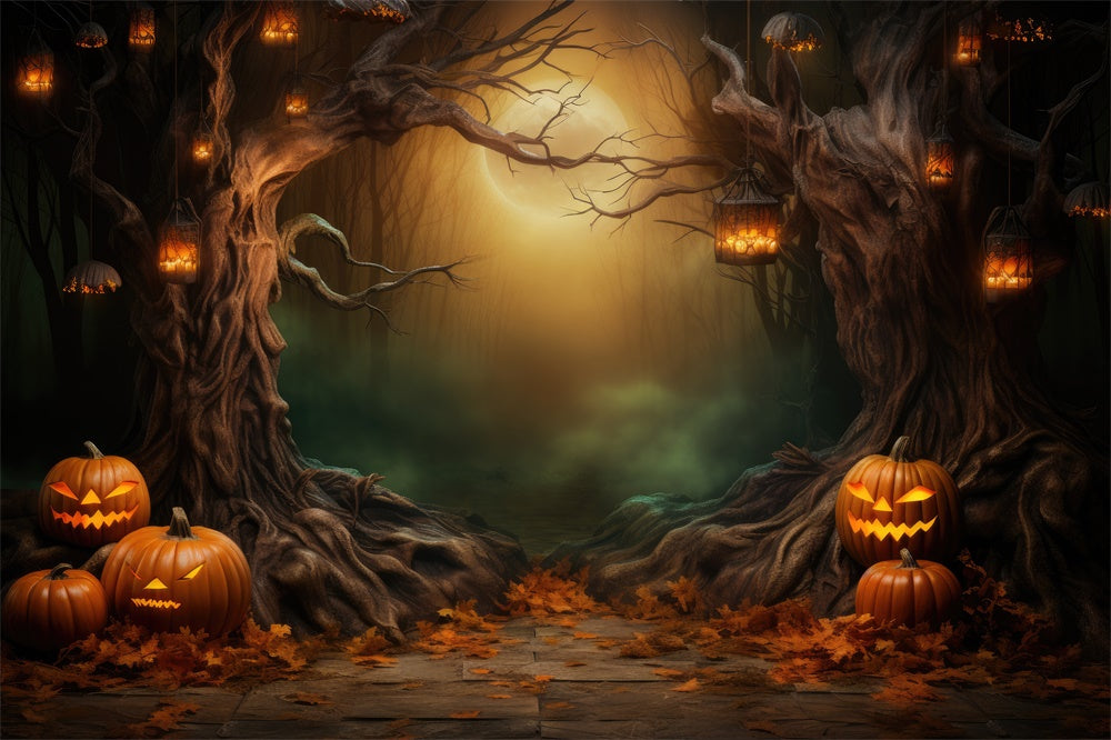 Dark Forest Moon Halloween Pumpkins Backdrop UK RR7-419