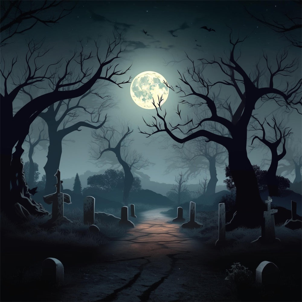 Halloween Full Moon Night Graveyard Backdrop UK RR7-425