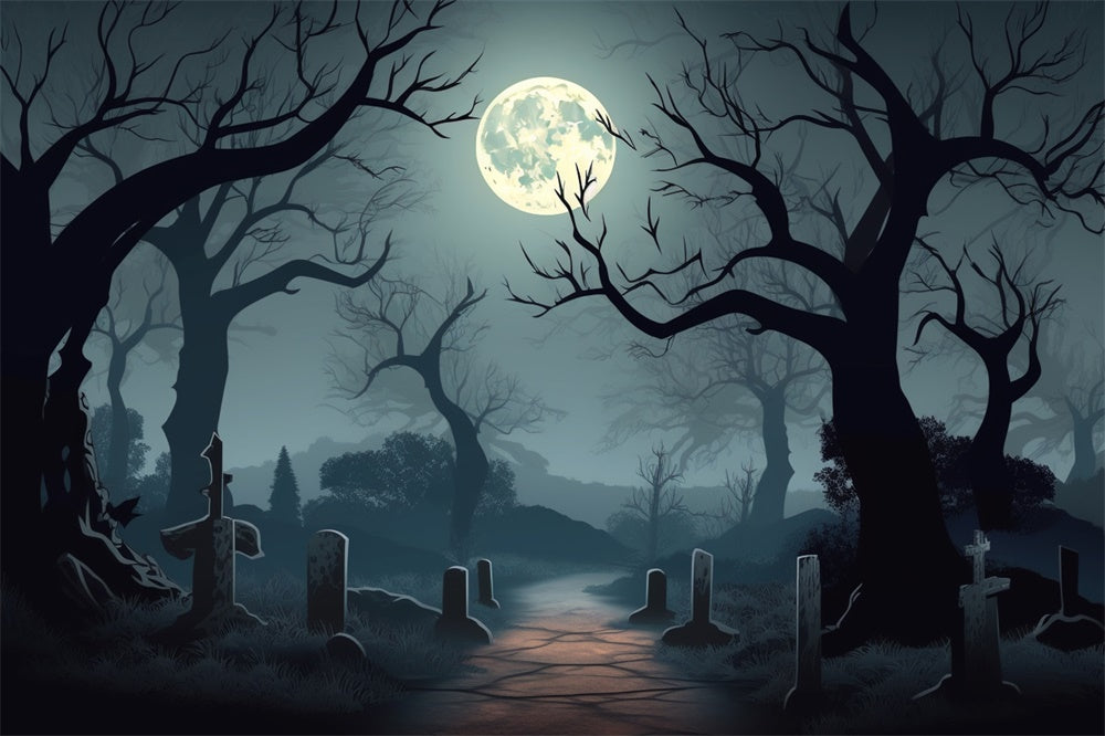 Halloween Full Moon Night Graveyard Backdrop UK RR7-425