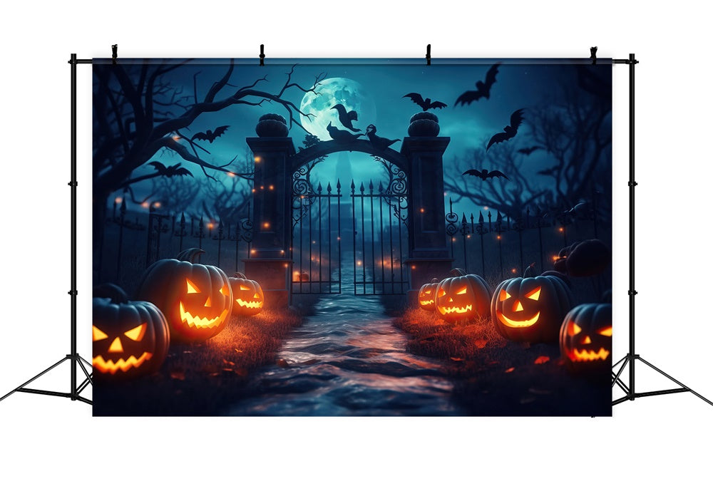 Spooky Cemetery Gate Pumpkin Halloween Backdrop UK RR7-426