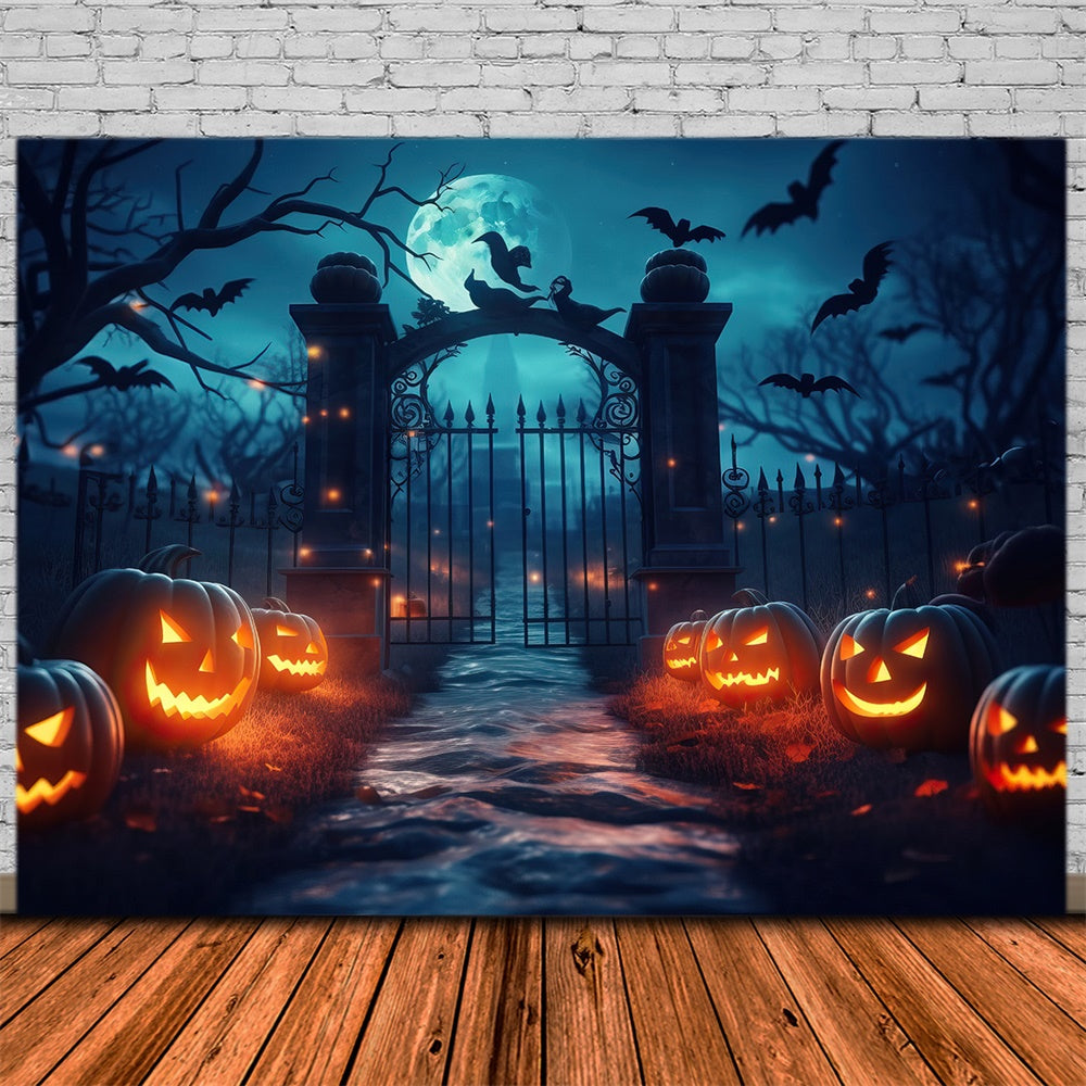 Spooky Cemetery Gate Pumpkin Halloween Backdrop UK RR7-426