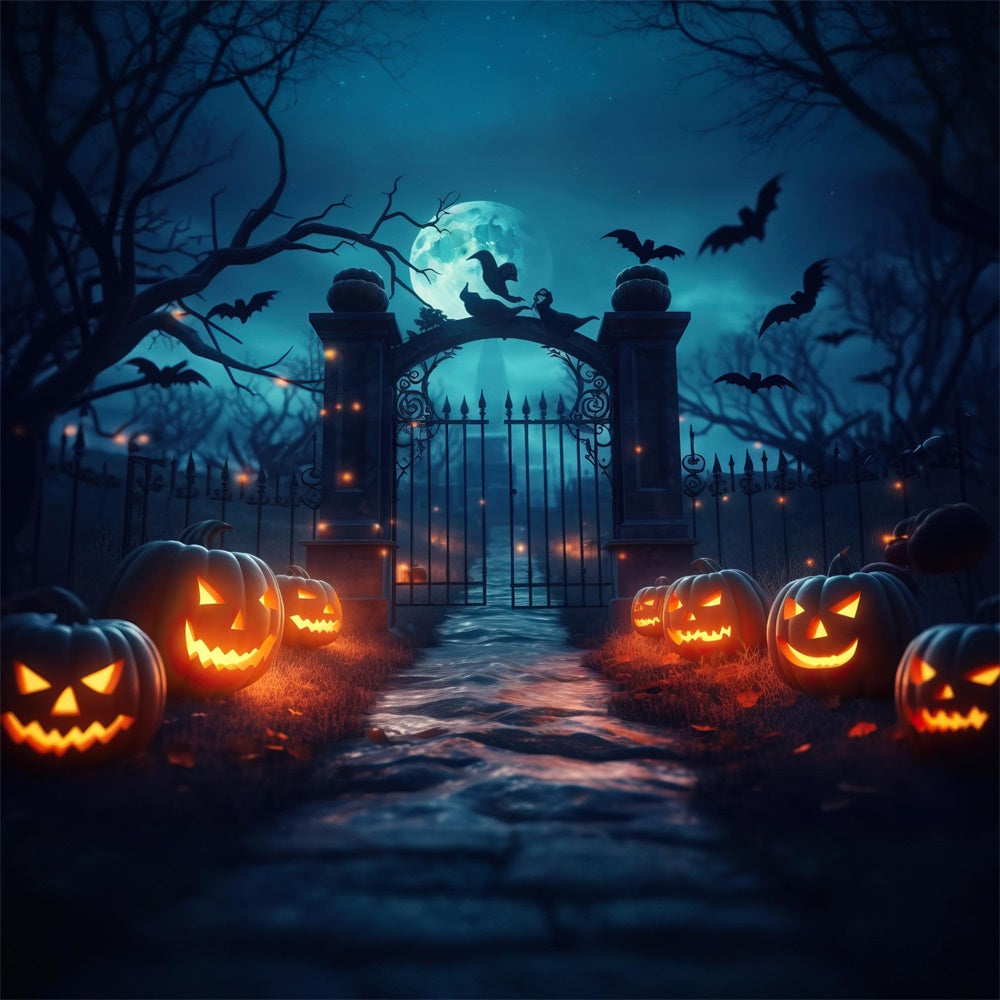 Spooky Cemetery Gate Pumpkin Halloween Backdrop UK RR7-426