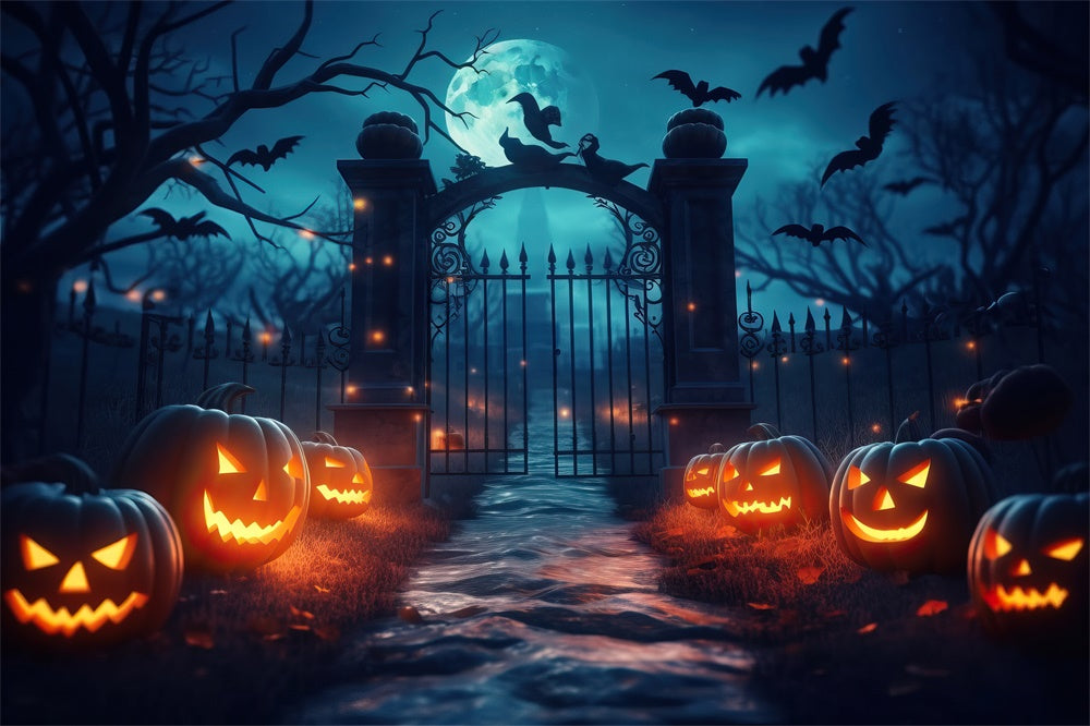 Spooky Cemetery Gate Pumpkin Halloween Backdrop UK RR7-426