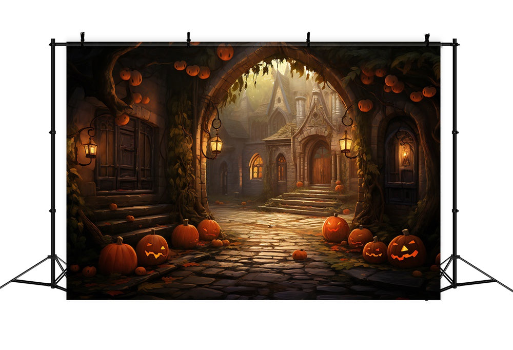 Halloween Houses Stone Arch Pumpkins Backdrop UK RR7-427