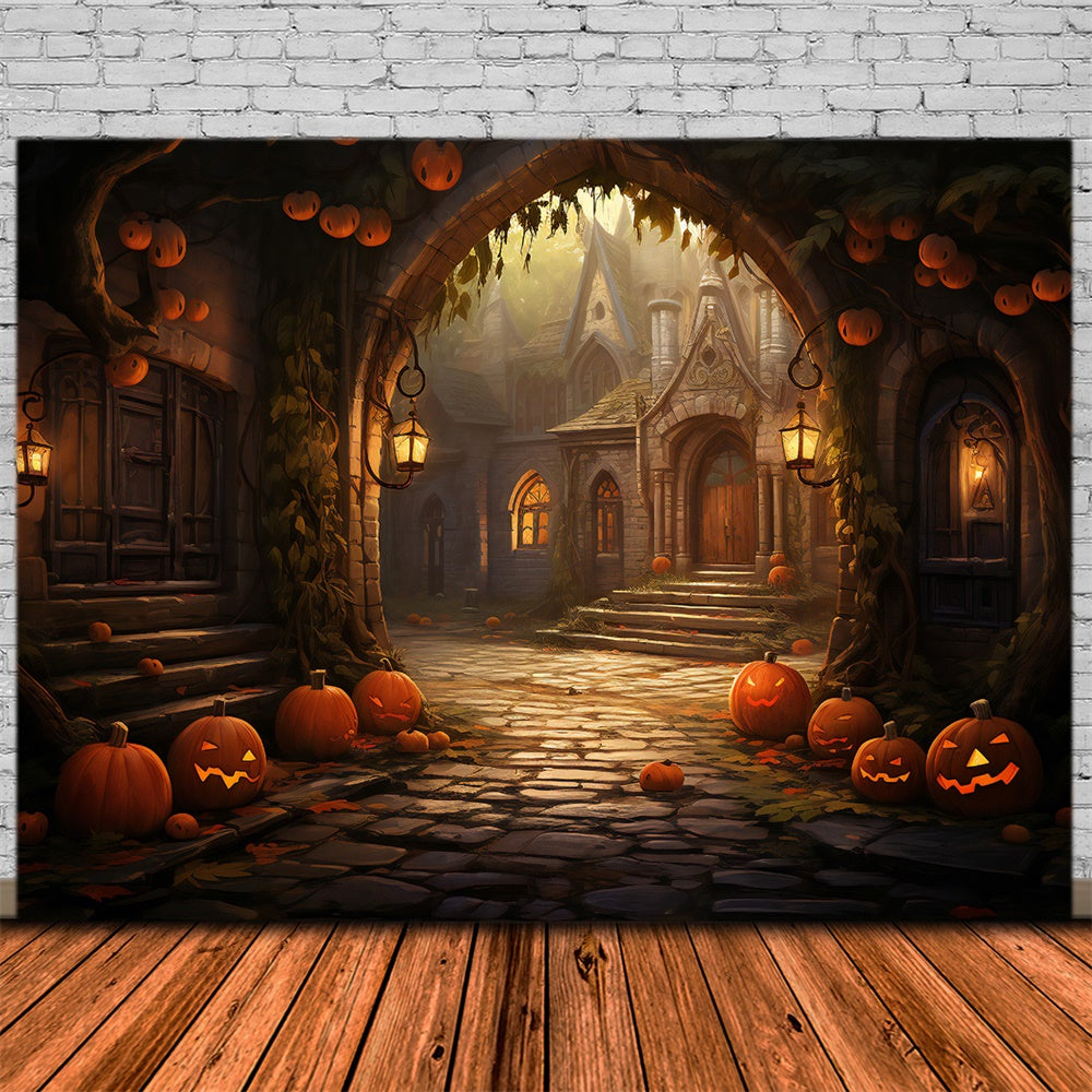 Halloween Houses Stone Arch Pumpkins Backdrop UK RR7-427