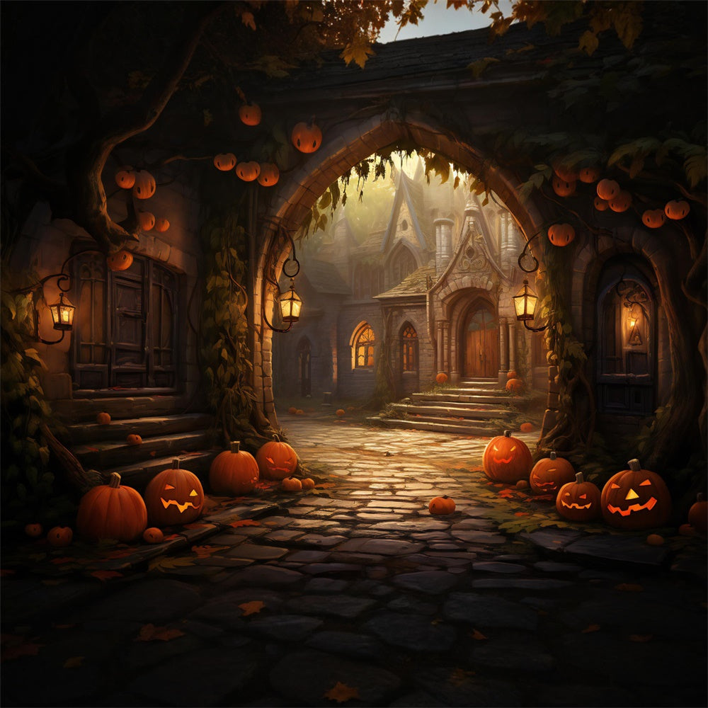 Halloween Houses Stone Arch Pumpkins Backdrop UK RR7-427