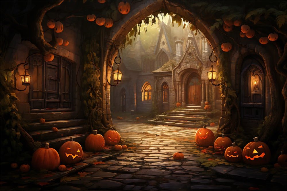 Halloween Houses Stone Arch Pumpkins Backdrop UK RR7-427