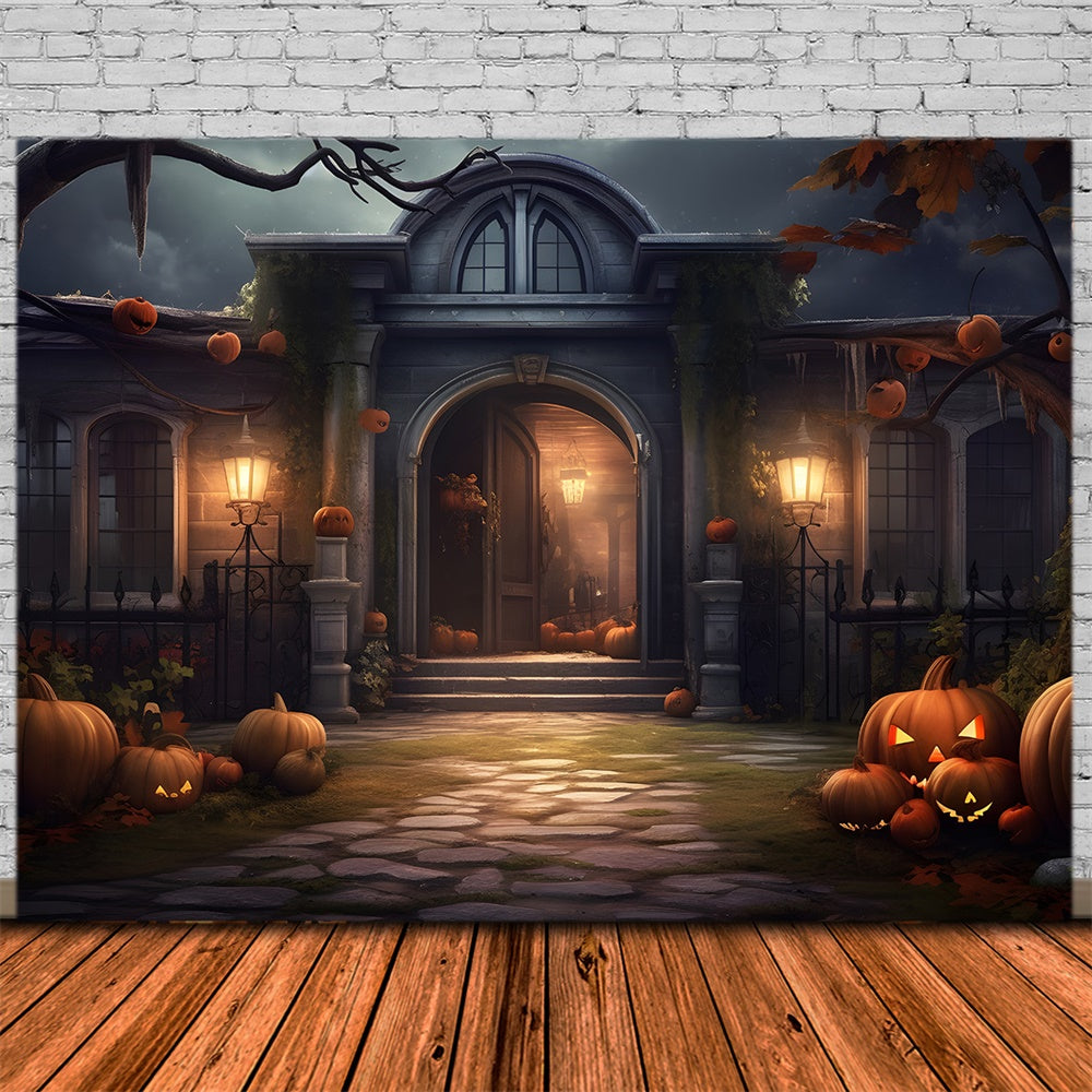 Spooky Halloween Mansion Pumpkins Backdrop UK RR7-429