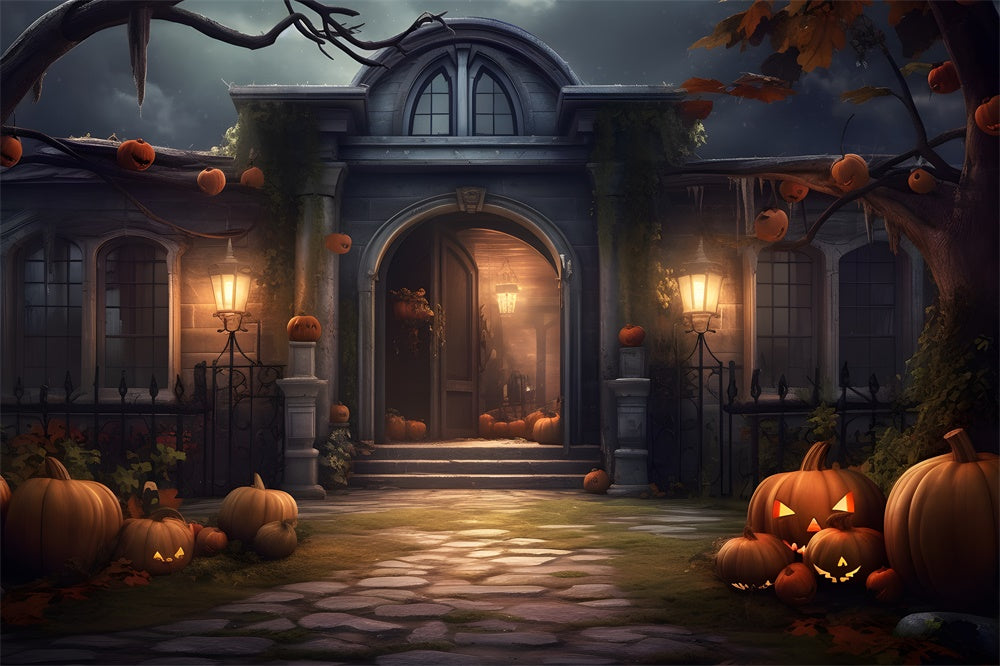 Spooky Halloween Mansion Pumpkins Backdrop UK RR7-429