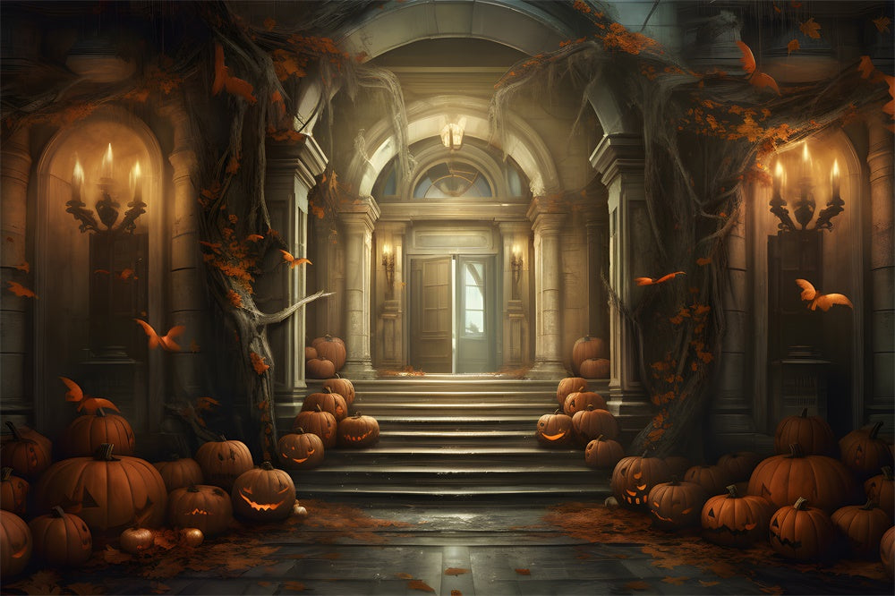 Halloween Haunted House Pumpkin Candle Backdrop UK RR7-431