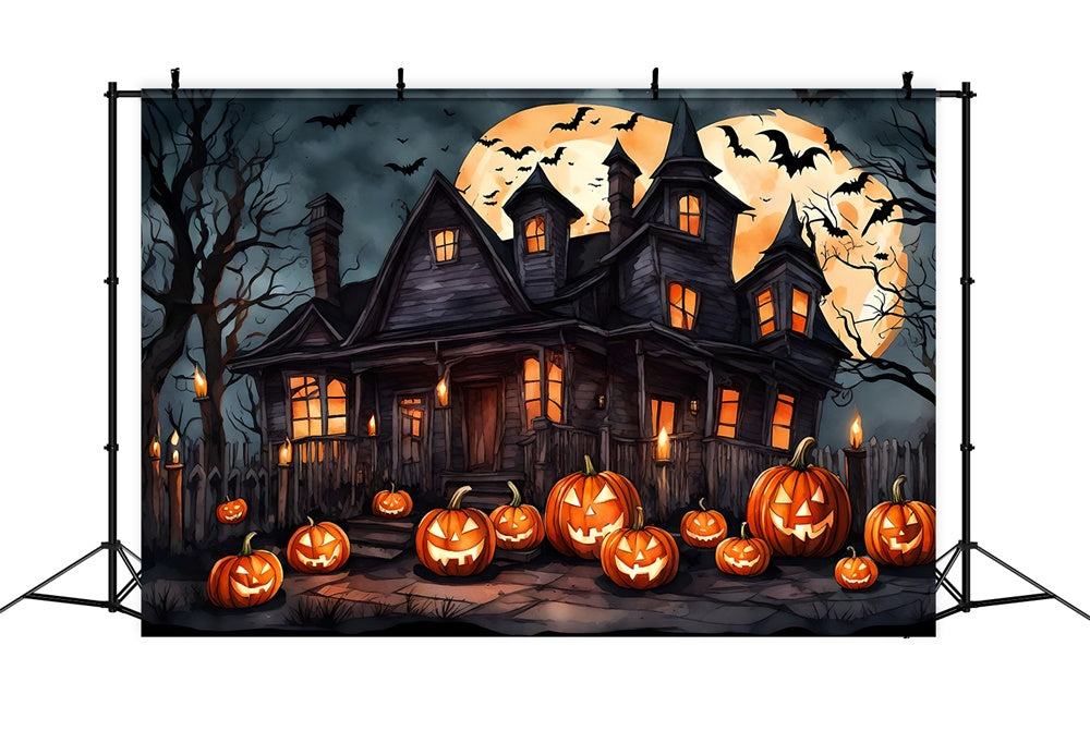 Witch House Bats Pumpkin Halloween Backdrop UK RR7-436