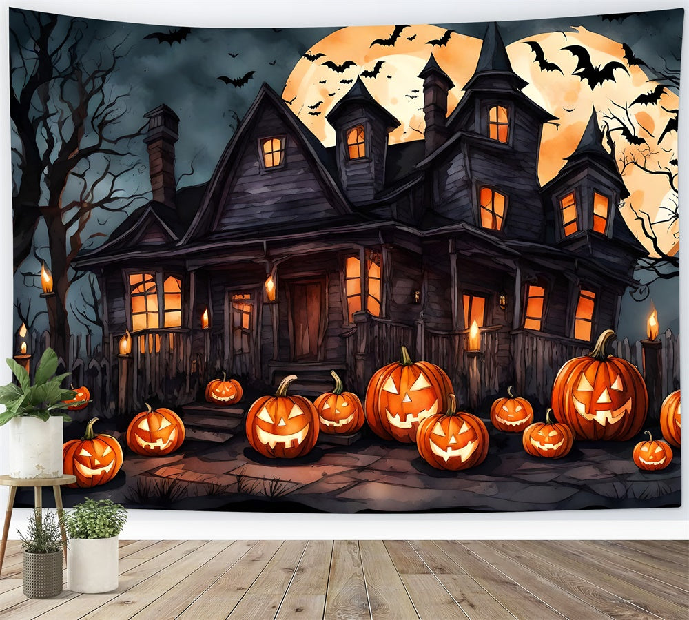 Witch House Bats Pumpkin Halloween Backdrop UK RR7-436