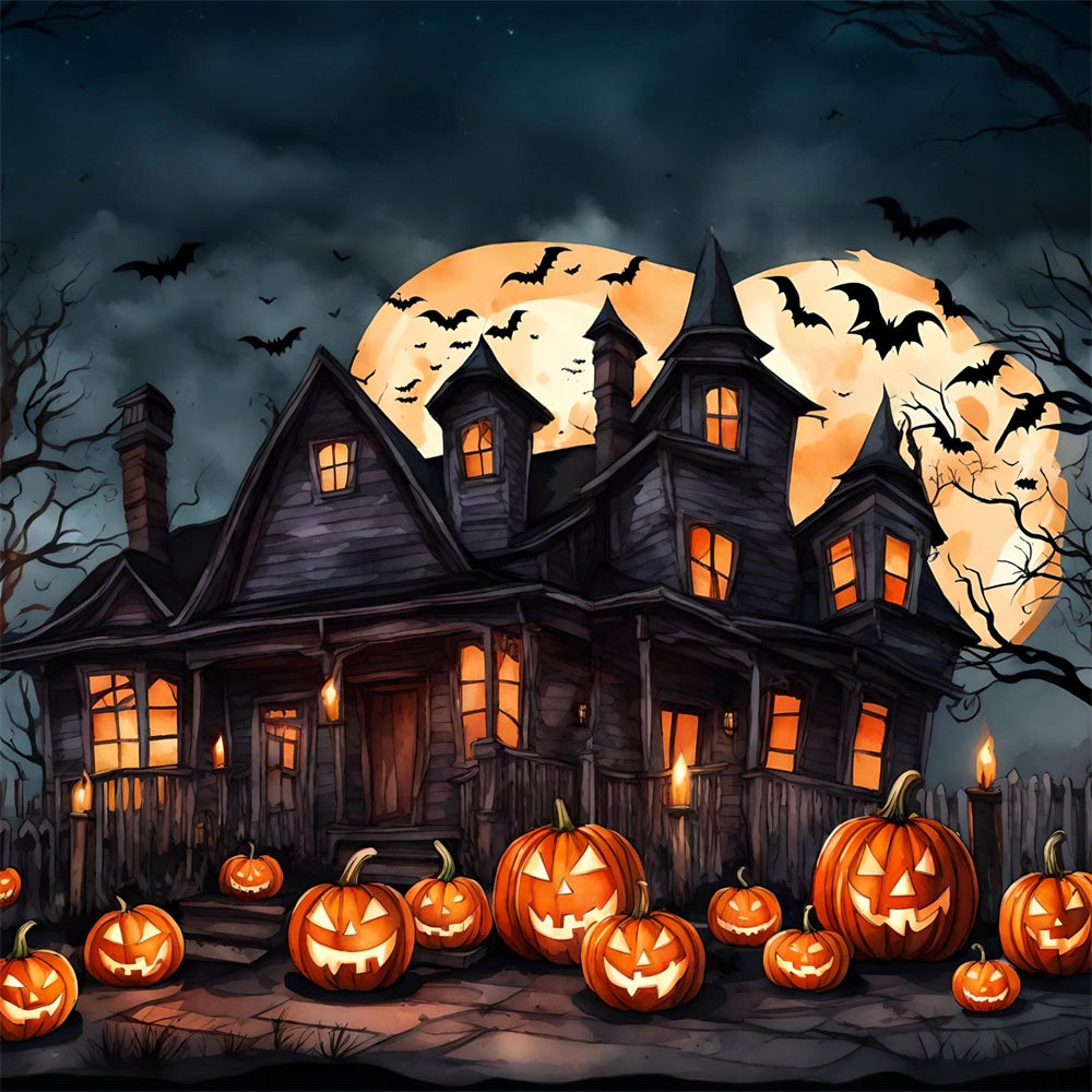 Witch House Bats Pumpkin Halloween Backdrop UK RR7-436