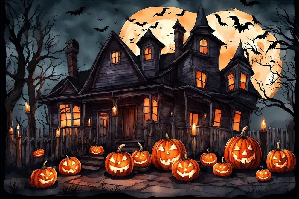 Witch House Bats Pumpkin Halloween Backdrop UK RR7-436