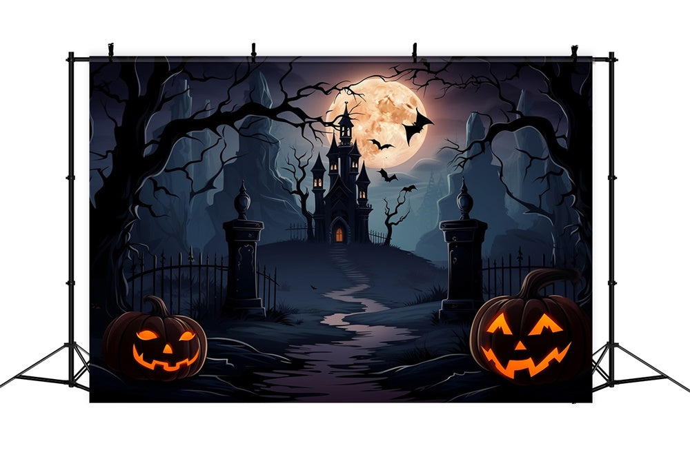 Spooky Castle Full Moon Bats Halloween Backdrop UK RR7-438