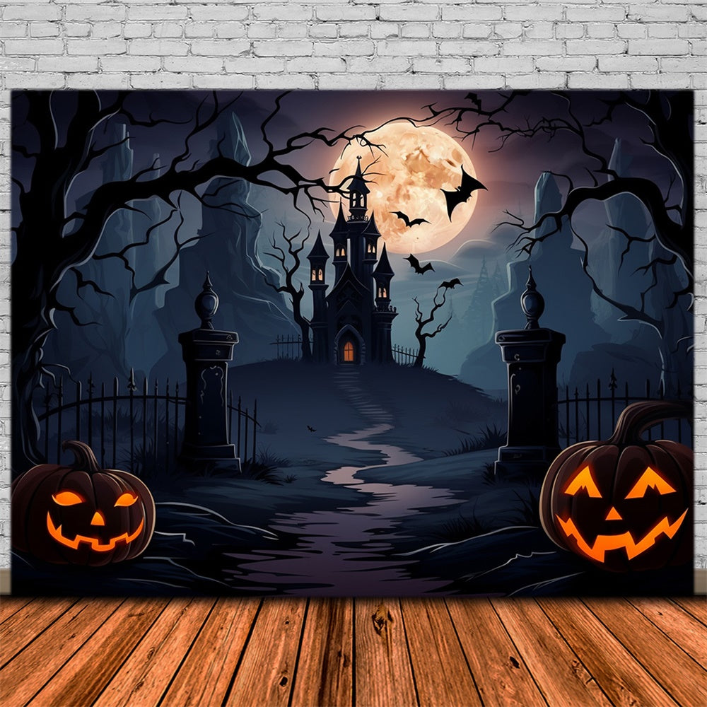 Spooky Castle Full Moon Bats Halloween Backdrop UK RR7-438