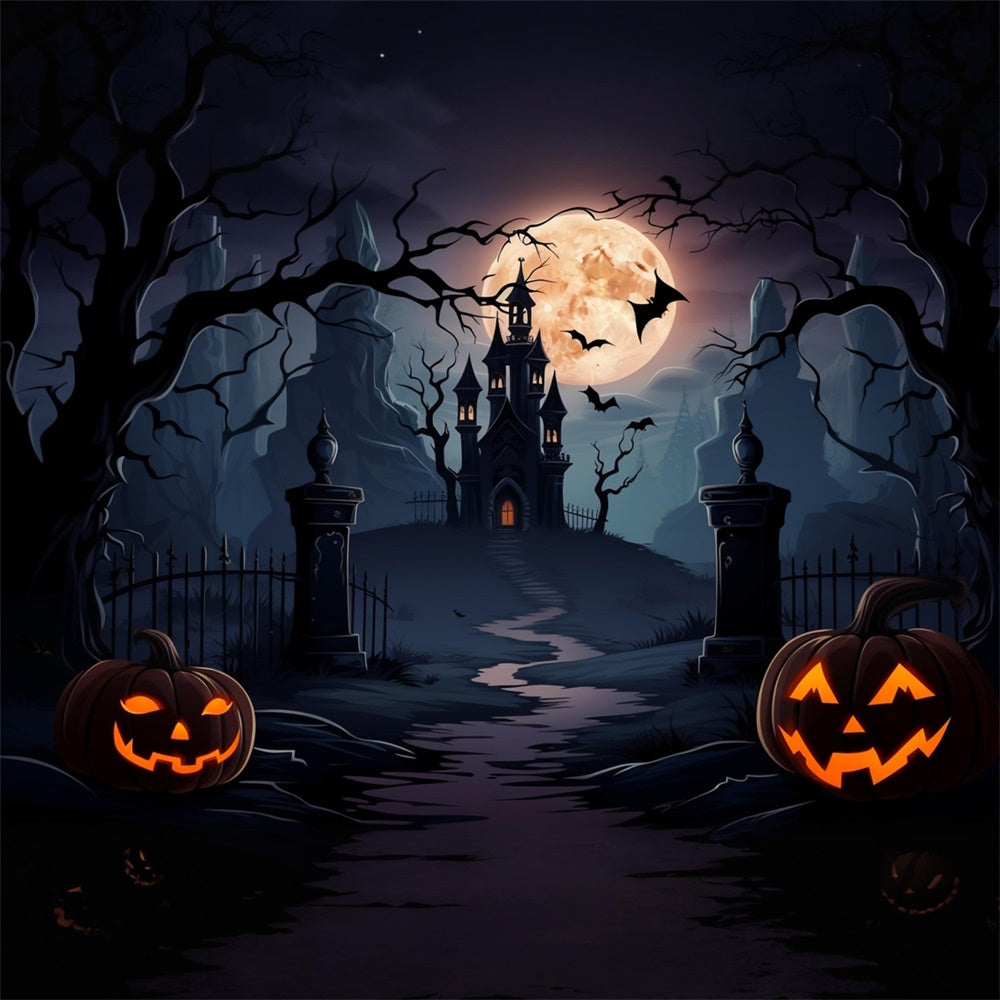 Spooky Castle Full Moon Bats Halloween Backdrop UK RR7-438