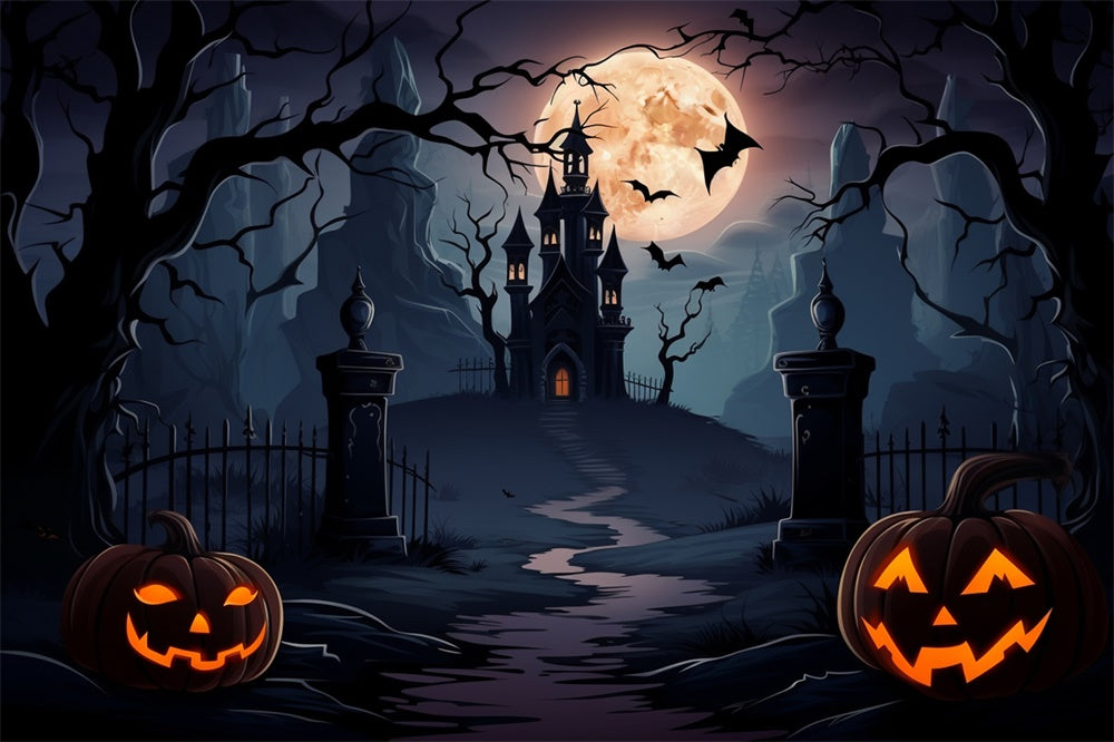 Spooky Castle Full Moon Bats Halloween Backdrop UK RR7-438