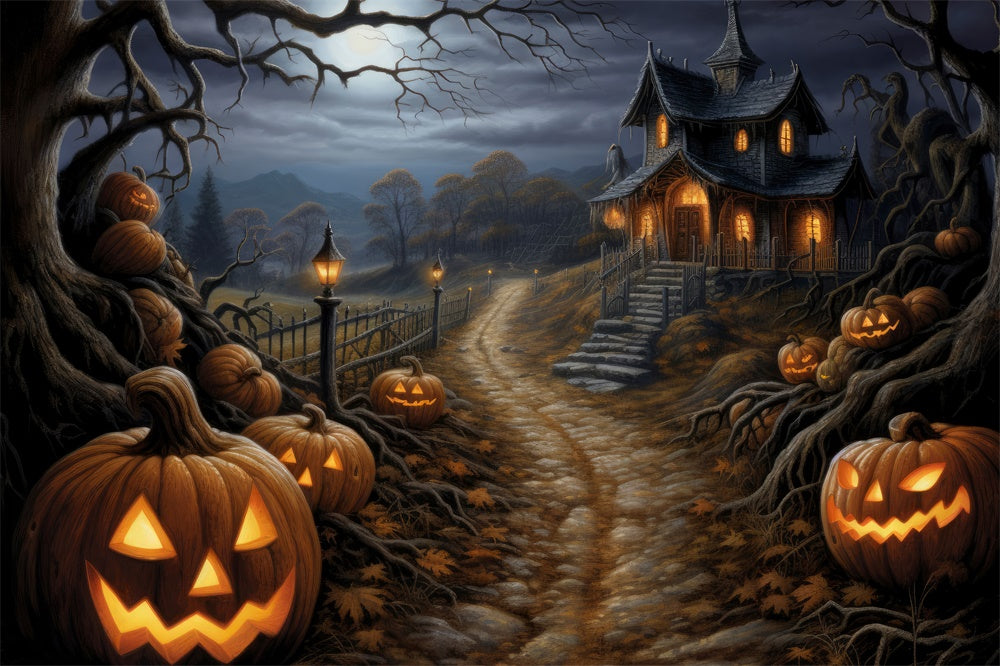 Halloween Horror Forest Cabin Pumpkin Backdrop UK RR7-439