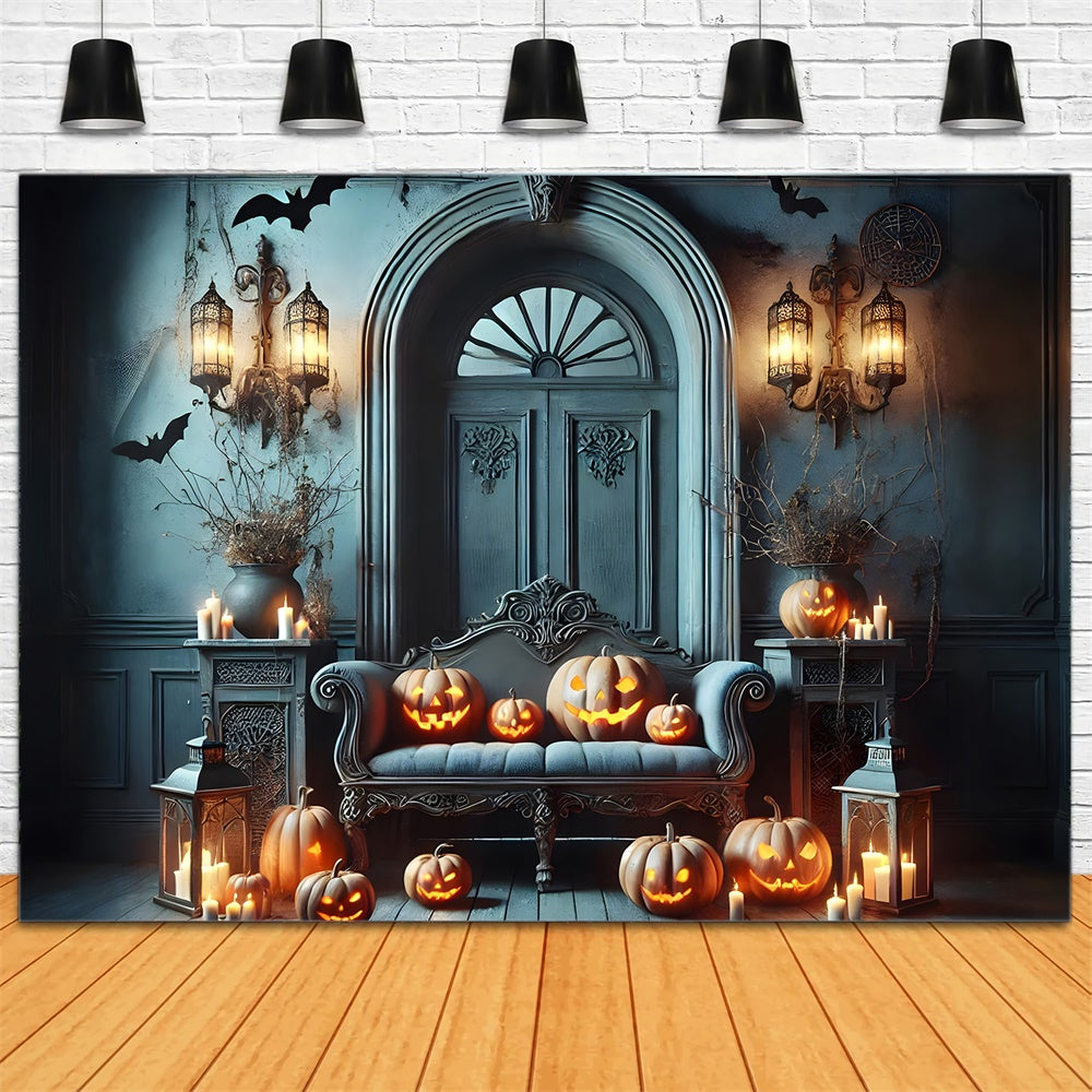 Halloween Retro Blue Wall Pumpkin Backdrop UK RR7-442