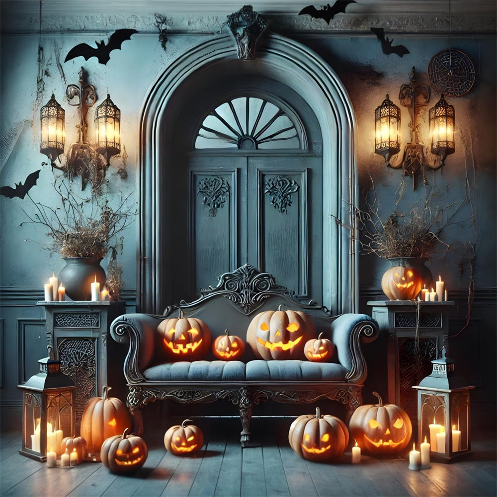 Halloween Retro Blue Wall Pumpkin Backdrop UK RR7-442