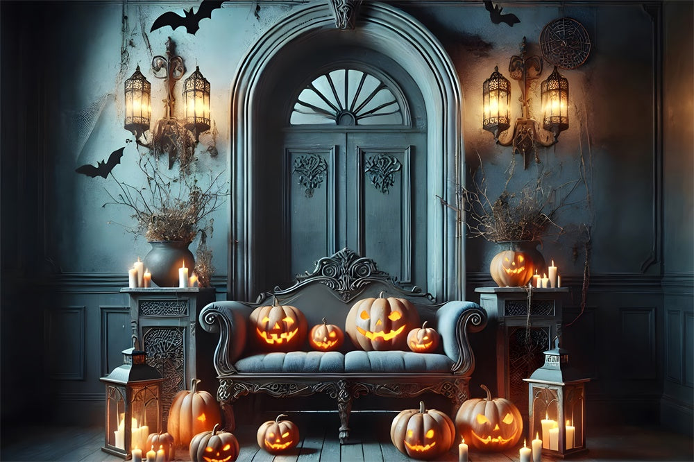 Halloween Retro Blue Wall Pumpkin Backdrop UK RR7-442