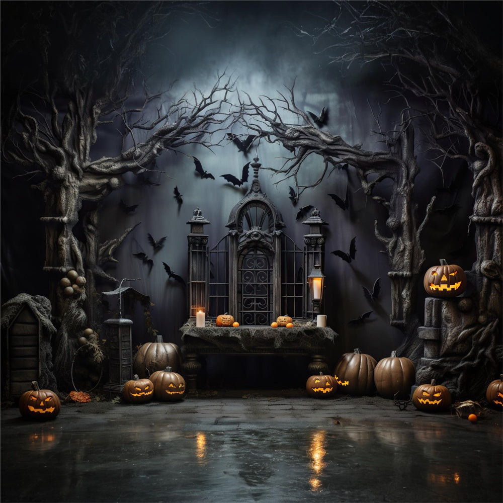 Halloween Scary Dark Room Pumpkin Bats Backdrop UK RR7-444