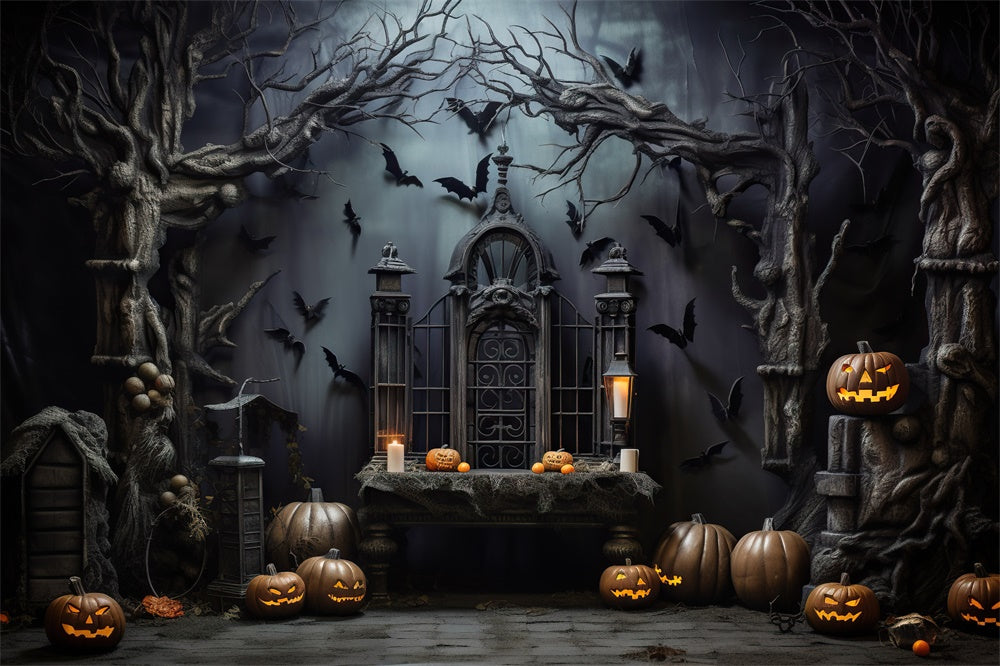 Halloween Scary Dark Room Pumpkin Bats Backdrop UK RR7-444