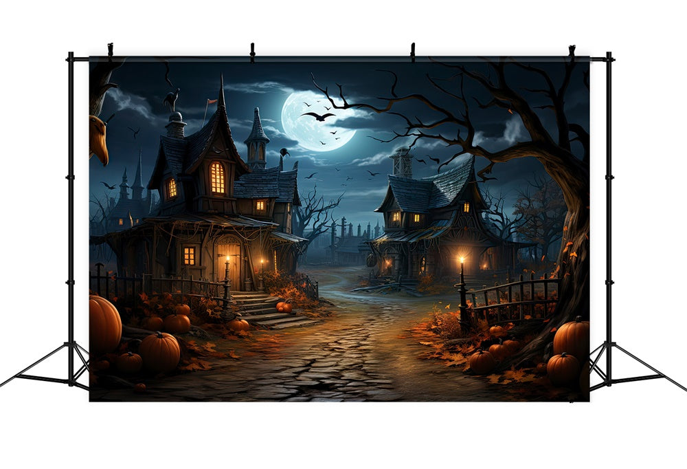 Halloween Moon Night Houses Pumpkin Backdrop UK RR7-447