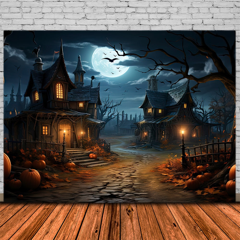 Halloween Moon Night Houses Pumpkin Backdrop UK RR7-447