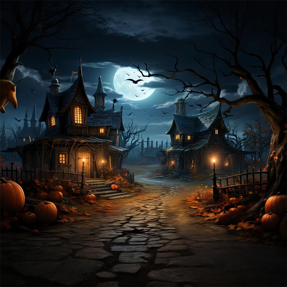 Halloween Moon Night Houses Pumpkin Backdrop UK RR7-447