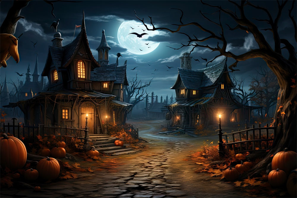 Halloween Moon Night Houses Pumpkin Backdrop UK RR7-447