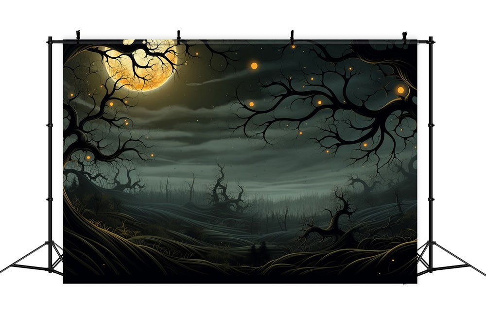 Halloween Moonlit Graveyard Glowing Trees Backdrop UK RR7-448