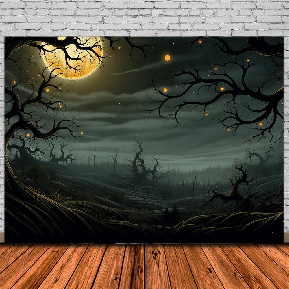 Halloween Moonlit Graveyard Glowing Trees Backdrop UK RR7-448