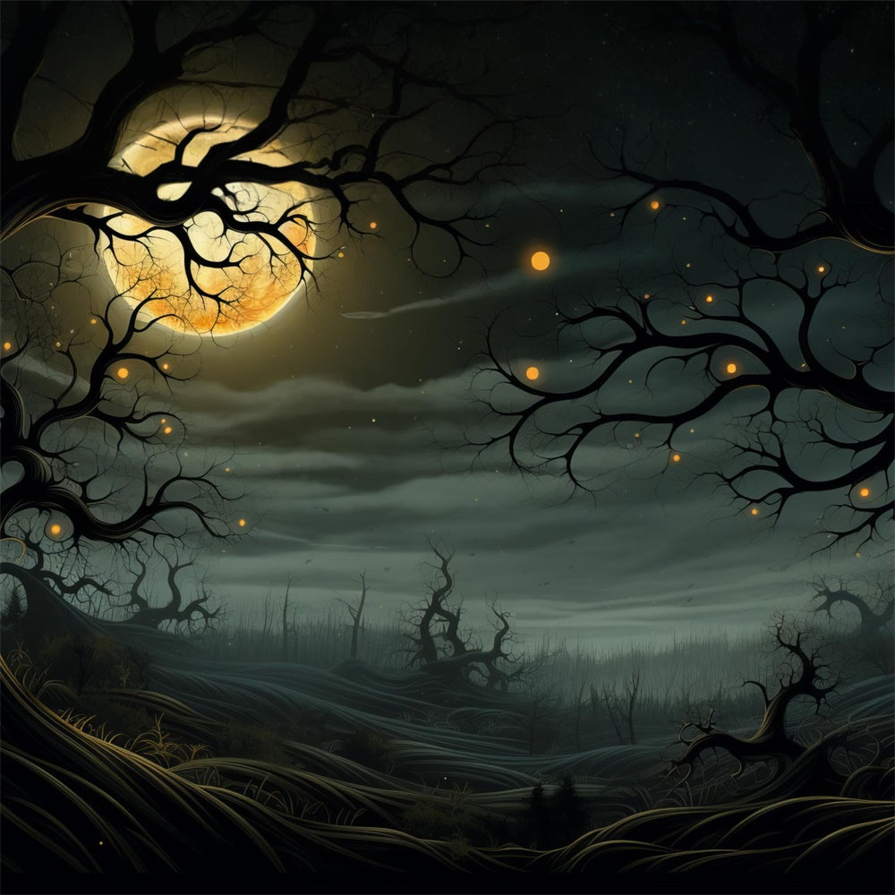 Halloween Moonlit Graveyard Glowing Trees Backdrop UK RR7-448