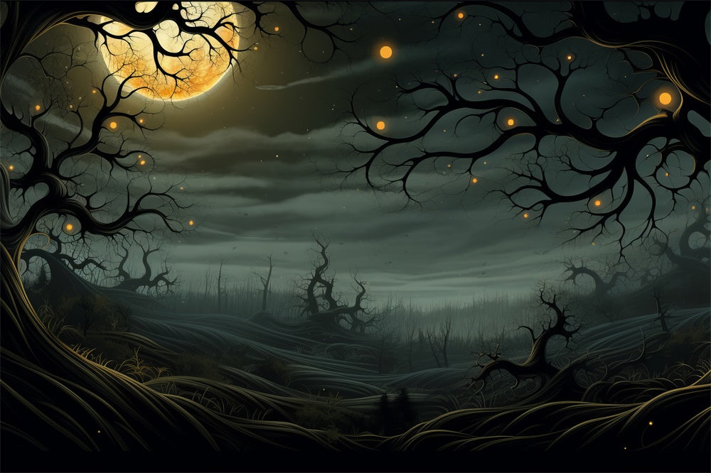 Halloween Moonlit Graveyard Glowing Trees Backdrop UK RR7-448