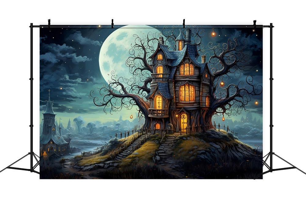 Halloween Full Moon House Graveyard Backdrop UK RR7-449