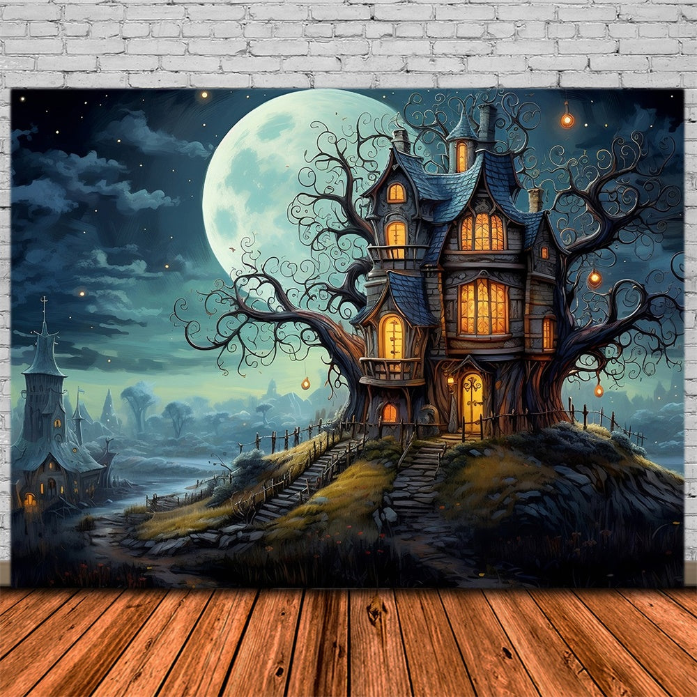 Halloween Full Moon House Graveyard Backdrop UK RR7-449