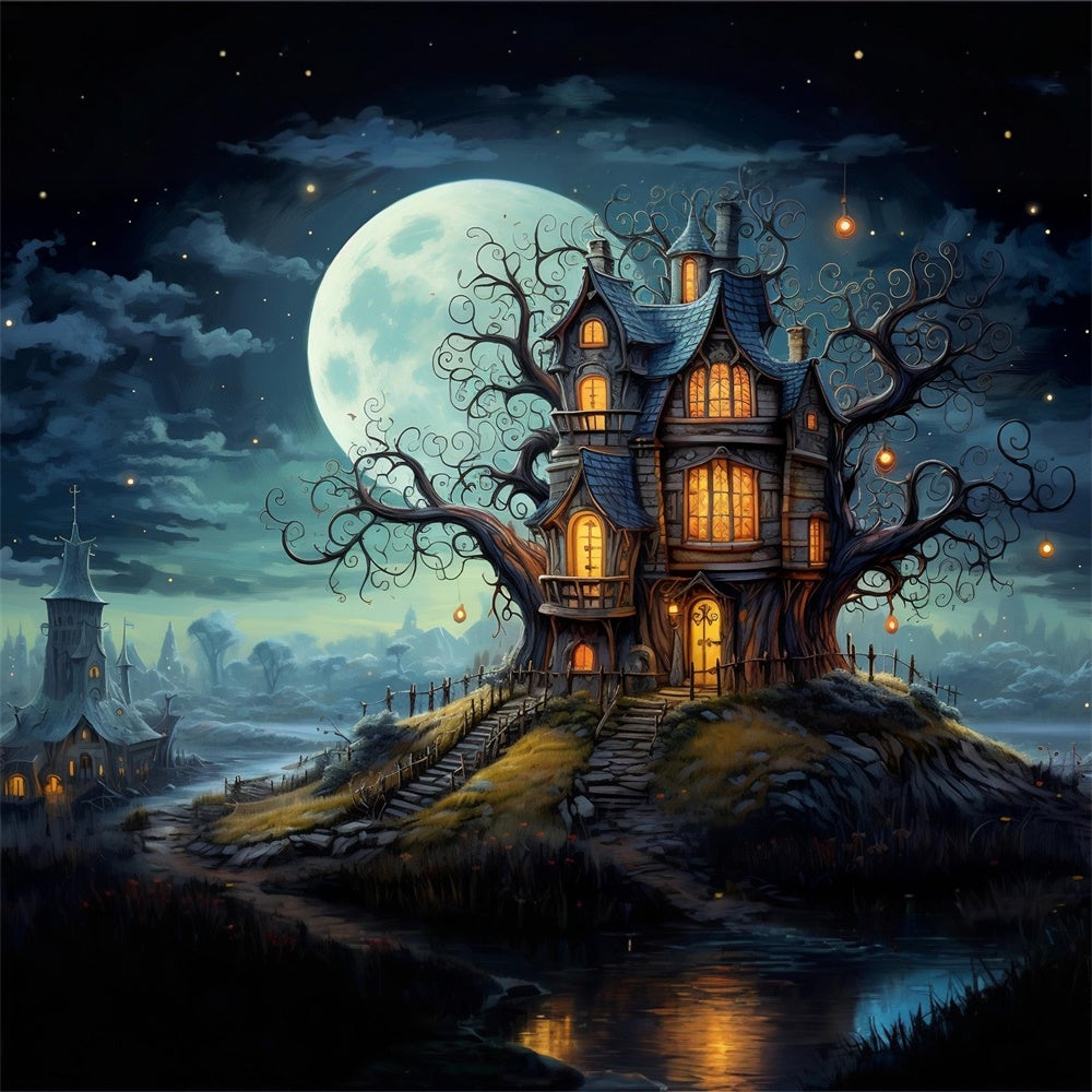 Halloween Full Moon House Graveyard Backdrop UK RR7-449