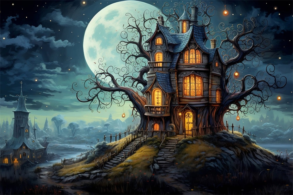 Halloween Full Moon House Graveyard Backdrop UK RR7-449