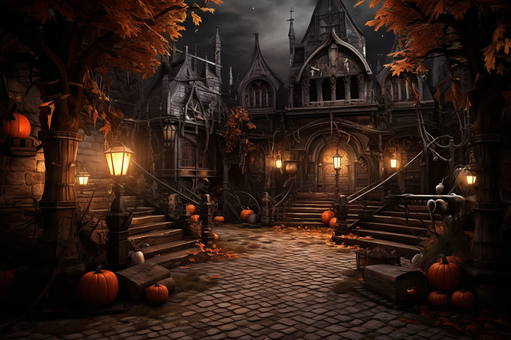 Halloween Spooky Building Pumpkin Backdrop UK RR7-45