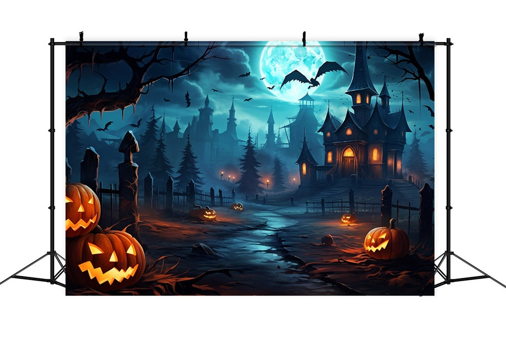 Spooky Halloween Forest Pumpkin Bats Backdrop UK RR7-450