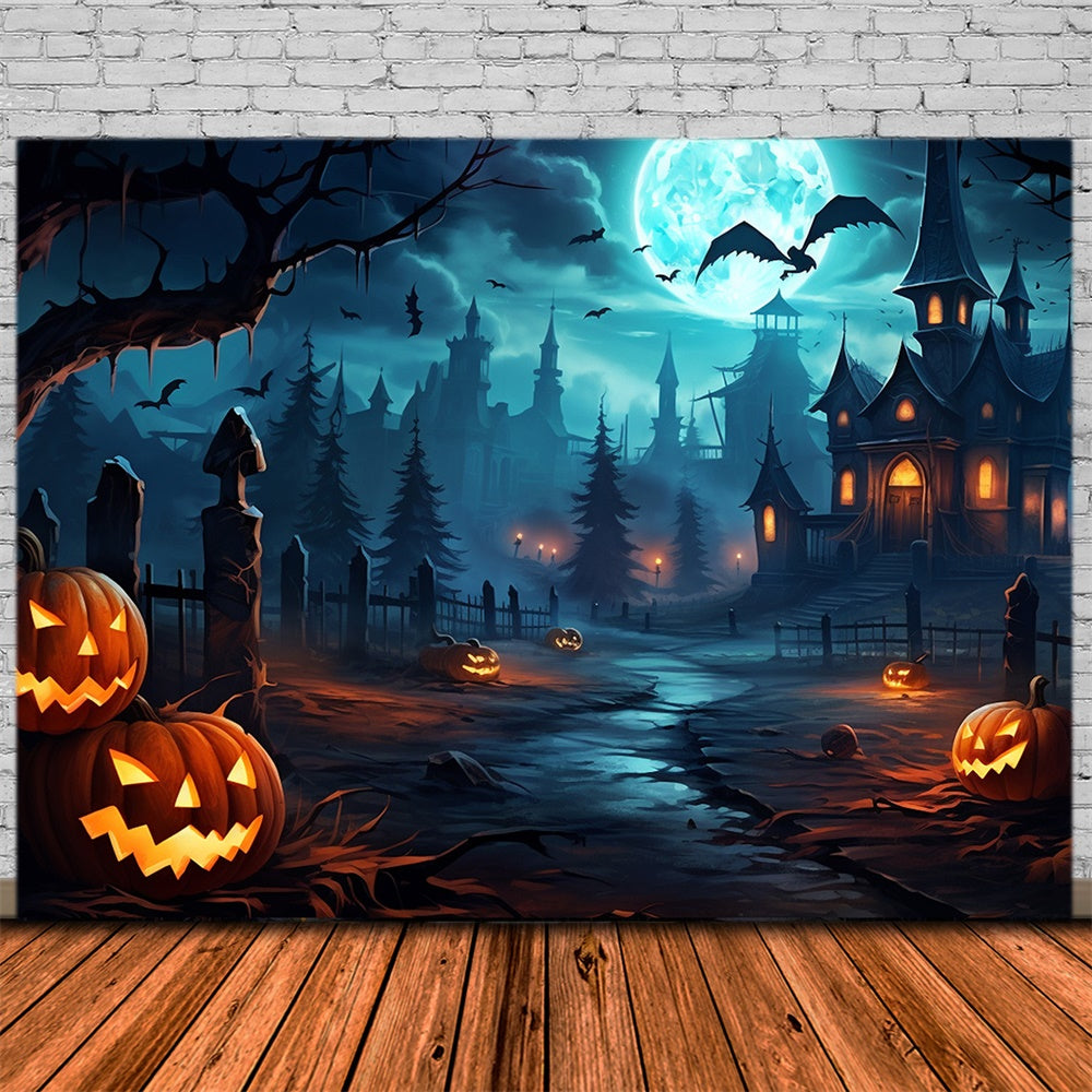 Spooky Halloween Forest Pumpkin Bats Backdrop UK RR7-450