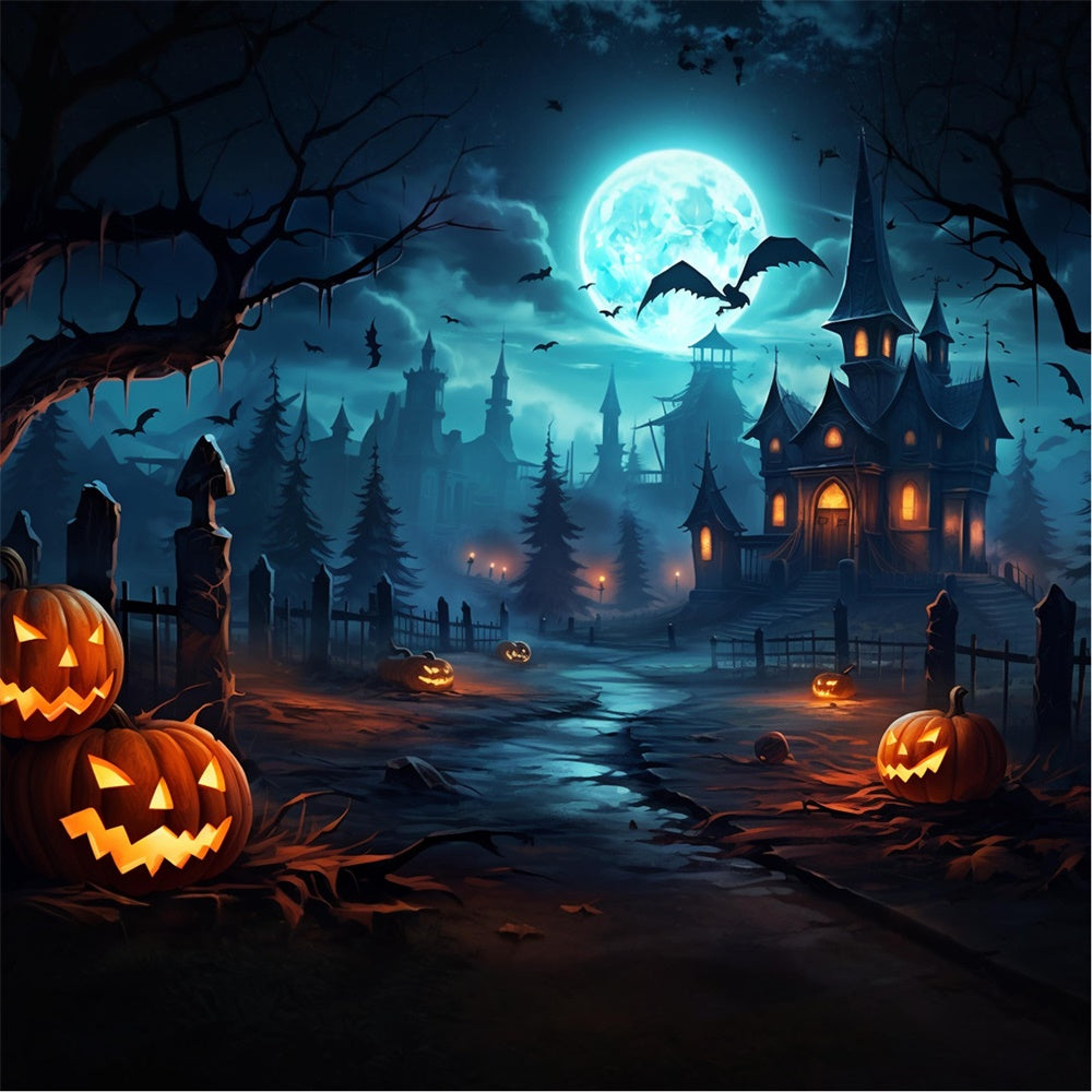 Spooky Halloween Forest Pumpkin Bats Backdrop UK RR7-450