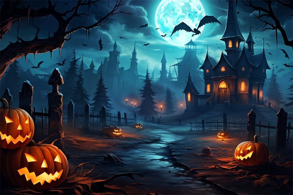 Spooky Halloween Forest Pumpkin Bats Backdrop UK RR7-450