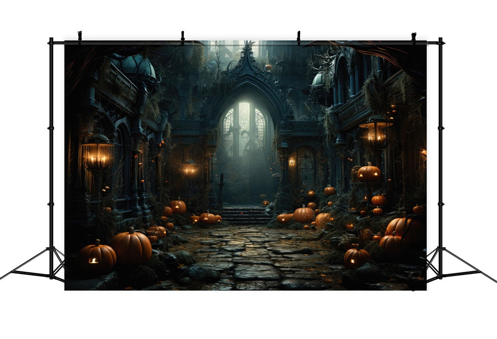 Old Castle Pumpkin Lanterns Halloween Backdrop UK RR7-451