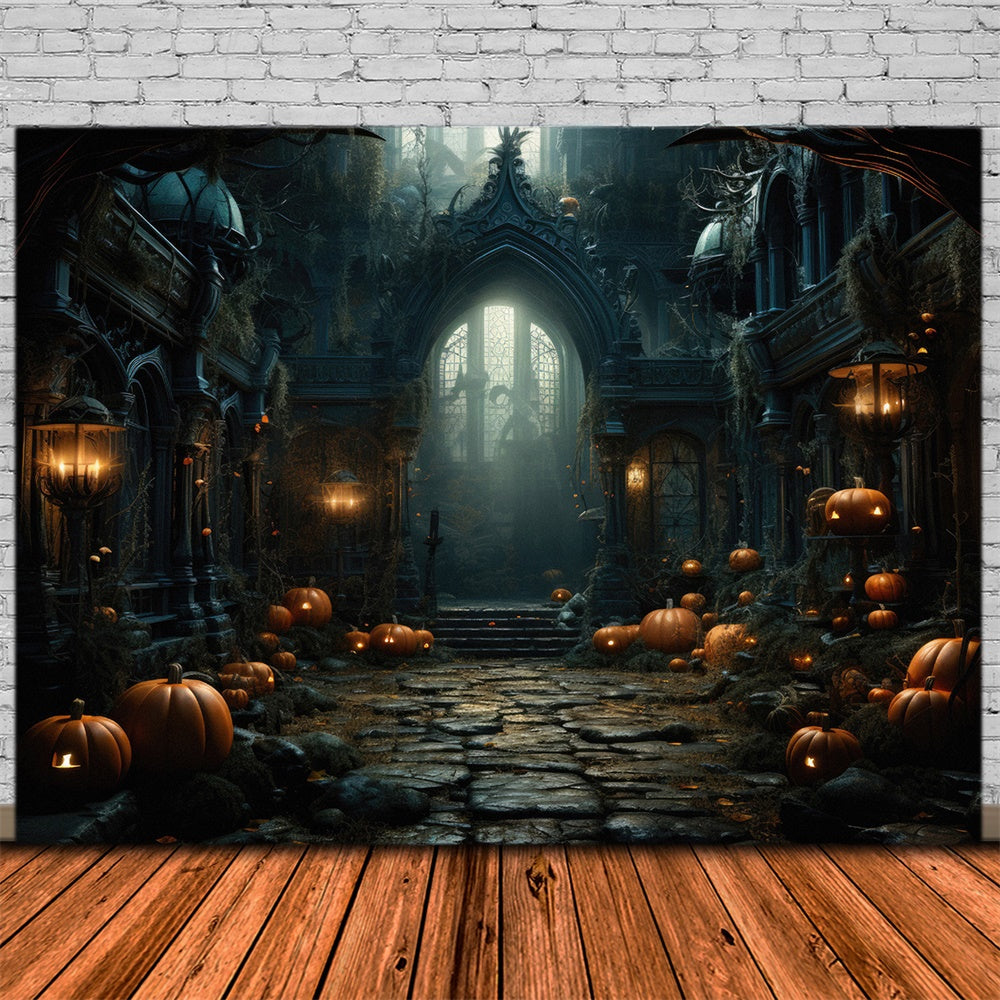 Old Castle Pumpkin Lanterns Halloween Backdrop UK RR7-451